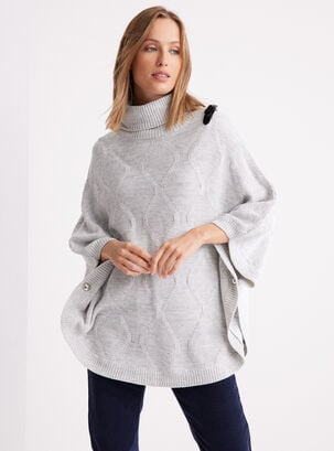 Sweater Poncho Con Trenza Y Hebilla Decorativa,Plata,hi-res