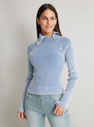 Sweater Cuello Asimétrico Con Cierre,Azul,hi-res