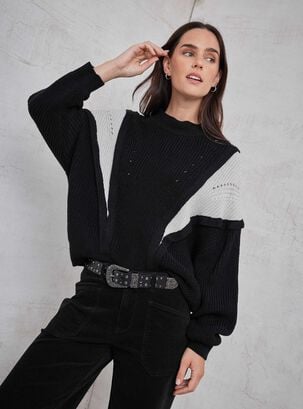 Sweater Bloques De Color Con Cuello Alto,Negro,hi-res