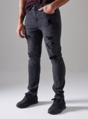 Jeans Skinny Fit Roturas Parche y Zigzag Craquelado,Negro,hi-res