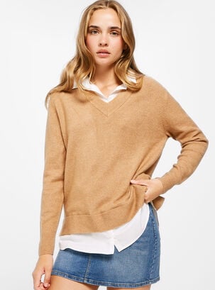 Sweater Cuello Bimateria,Beige,hi-res