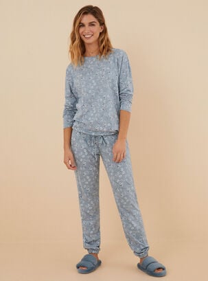 Pijama Largo Estampado Flores Algodón,Azul,hi-res