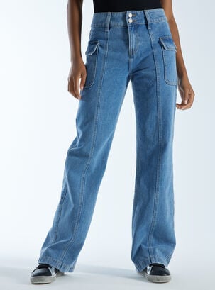 Jeans Con Bolsillos Cargo Wide Leg Medio,Azul,hi-res