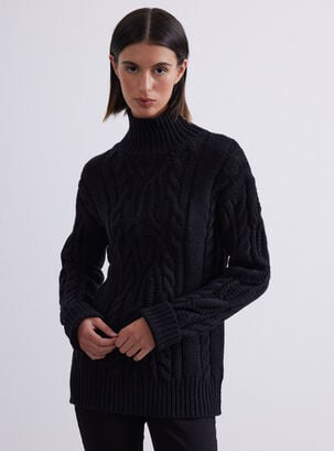 Sweater Cuello Alto Trenzado,Negro,hi-res