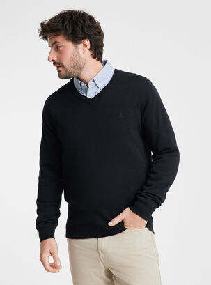 Sweater Básico Cuello V Algodón 1,Negro,hi-res