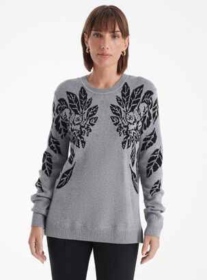 Sweater Jacquard Floral En Hombros,Gris,hi-res