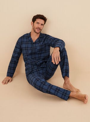 Pijama Largo Camisero Cuadro Algodón,Azul,hi-res