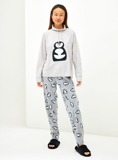 Pijama Polar Cuello Alto Bordado Diseños,Gris,hi-res