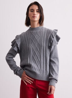 Sweater Diseño Trenzado Con Doble Vuelos,Grafito,hi-res