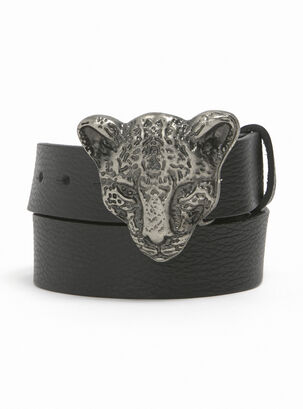 Cinturón Mujer Cuero Hebilla Leopardo Negro,Negro,hi-res