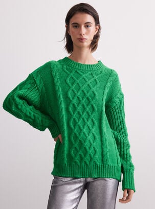 Sweater Trenzado Detalle Botones,Verde Flúor,hi-res