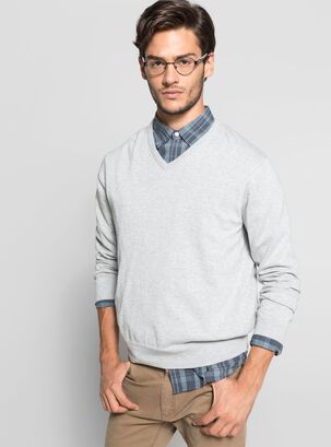 Sweater Beige Color Liso Cuello V,Gris,hi-res