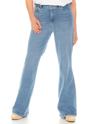 Jeans Flare Tiro Medio Sin Basta Pretina Botón,Azul,hi-res