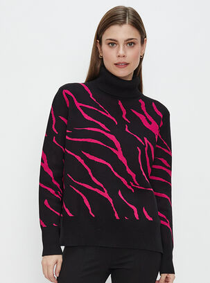 Sweater Tejido Cuello Subido Líneas Print,Fucsia,hi-res