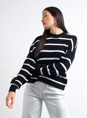 Sweater Básico Rayas Algodón,Negro,hi-res