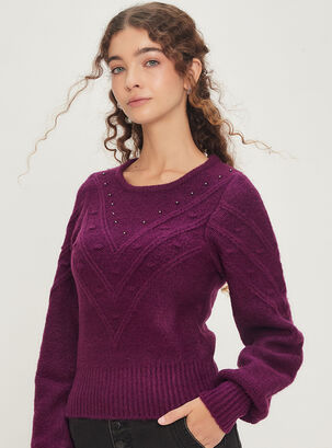 Sweater Liso Con Detalles Mini Tachas Frontal,Morado,hi-res