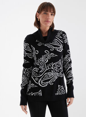 Sweater Jacquard Paisley Cuello Drapeado,Negro,hi-res