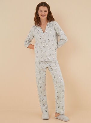Pijama Largo Camisero Algodón Snoopy,Gris,hi-res