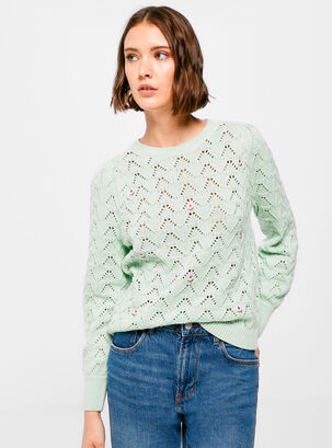 Sweater Calados Florecitas,Verde,hi-res