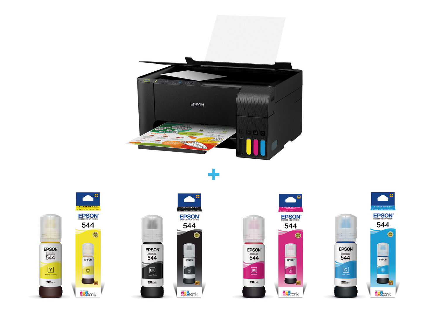 Impresora Multifuncional Epson L3150 Wifi + Tintas Epson T544 Amarillo,  Celeste, Rosado y Negro - Impresión Láser 