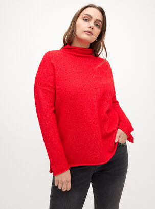 Sweater Color Holgado Con Cuello Tortuga,Rojo Flúor,hi-res