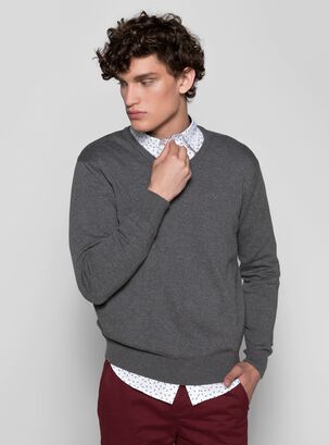 Sweater Básico Liso Cuello V,Carbón,hi-res