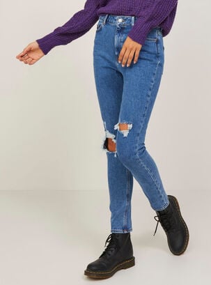 Jeans Tiro Medio con Roturas en Rodillas,Azul Marino,hi-res