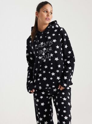 Pijama Full Print Con Bordado Cuello Alto Polar Fleece,Negro,hi-res