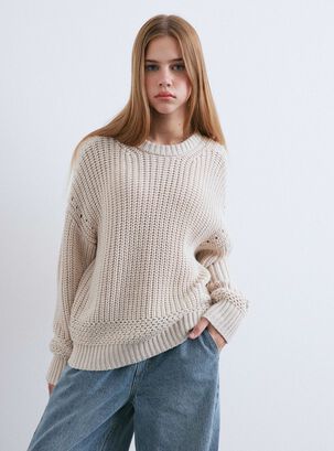 Sweater Cuello Redondo Detalle Punto,Beige,hi-res