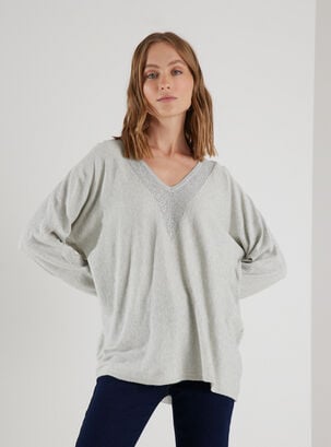 Sweater Escote En V Con Detalle Metalizado,Gris Claro,hi-res