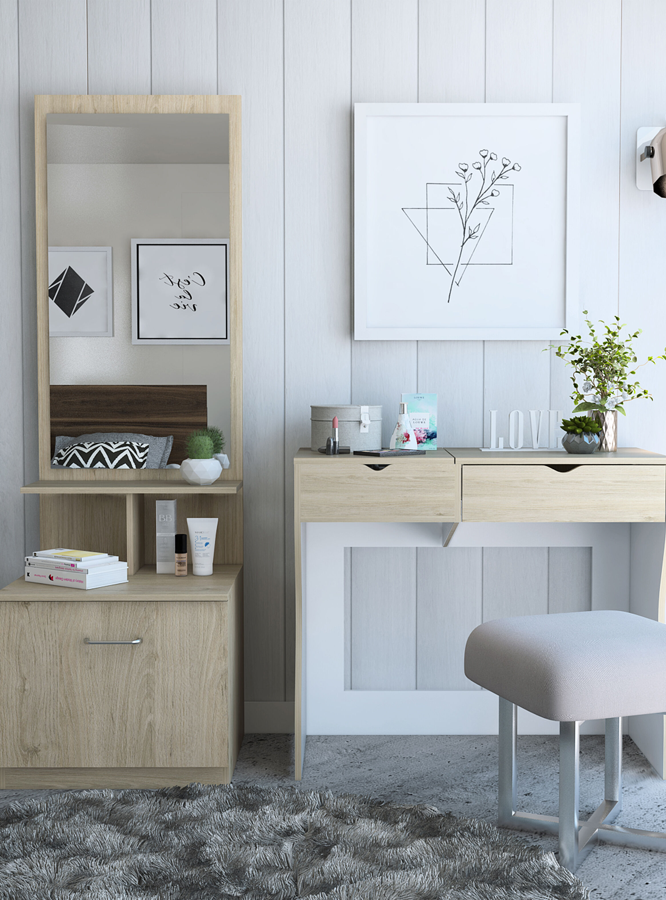 Mueble Tocador con Espejo + Piso, Color Rovere — Mudango Deco