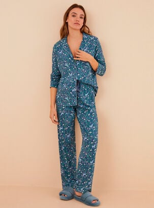 Pijama Camisero Algodón Flores Animal,Azul,hi-res