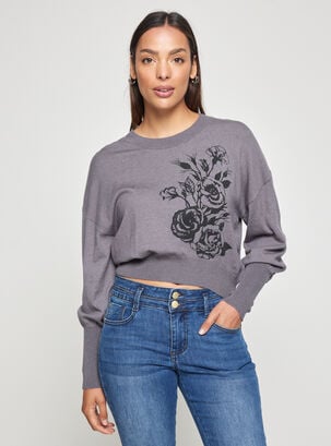 Sweater Estampado Floral Y Manga Abullonada,Gris,hi-res