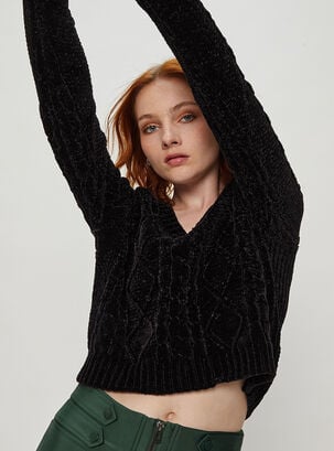 Sweater Liso Cuello en V,Negro,hi-res