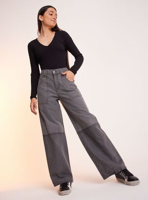 Jeans Bicolor Horizontal con Costuras Bolsillos,Gris Oscuro,hi-res
