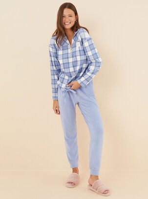 Pijama Largo Polar Cuadros,Azul,hi-res