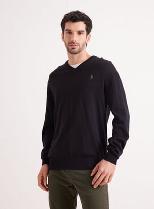Sweater Básico Cuello V Logo,Negro,hi-res