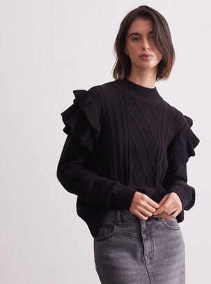Sweater Diseño Trenzado Con Doble Vuelos,Negro,hi-res
