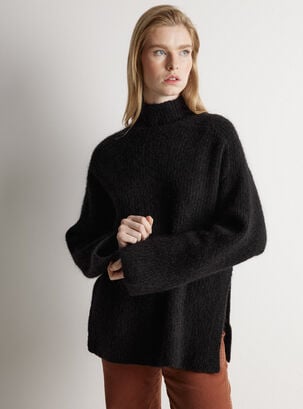 Sweater Punto Cuello Alto con Lana,Negro,hi-res