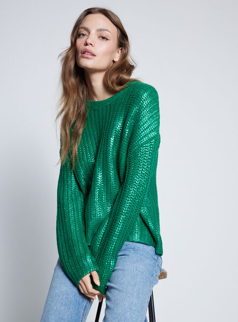 Sweater Metalizado Punto Grueso,Verde,hi-res