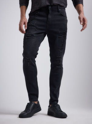 Jeans Gastado Roturas Zigzag y Doble Cadena,Negro,hi-res