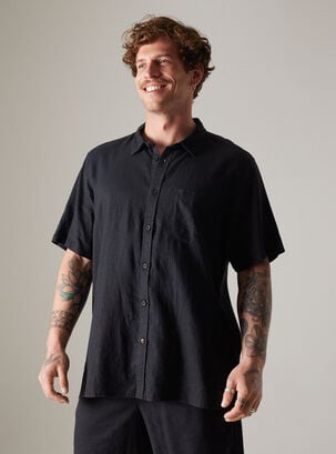 Camisa de Lino Manga Corta,Negro,hi-res