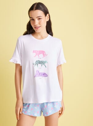 Polera Pijama Estampada Glitter Manga Vuelos,Natural,hi-res