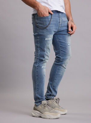 Jeans Azul Oscuro Roturas Cadena Skinny  Fit,Azul,hi-res