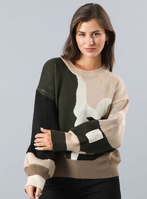 Sweater Diseño Jacquard Cuello Redondo,Beige Claro,hi-res
