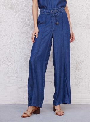 Pantalón Fluido con Cintura Elasticada Cordón,Azul,hi-res