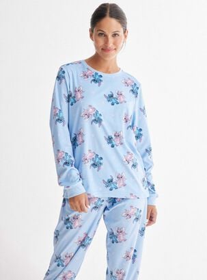 Pijamas Largo Licencia Stitch Full Print Velourl,Celeste,hi-res