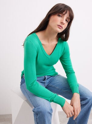 Sweater Básico Neutro Cuello V,Verde Flúor,hi-res