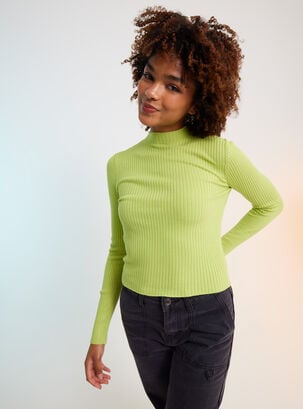 Sweater Rib Manga Larga Cuello Medio,Verde Claro,hi-res