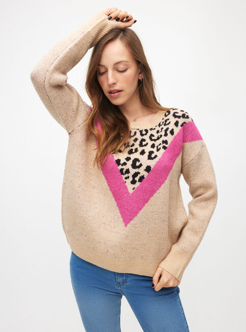 Sweater Block Color Jacquard,Beige Claro,hi-res